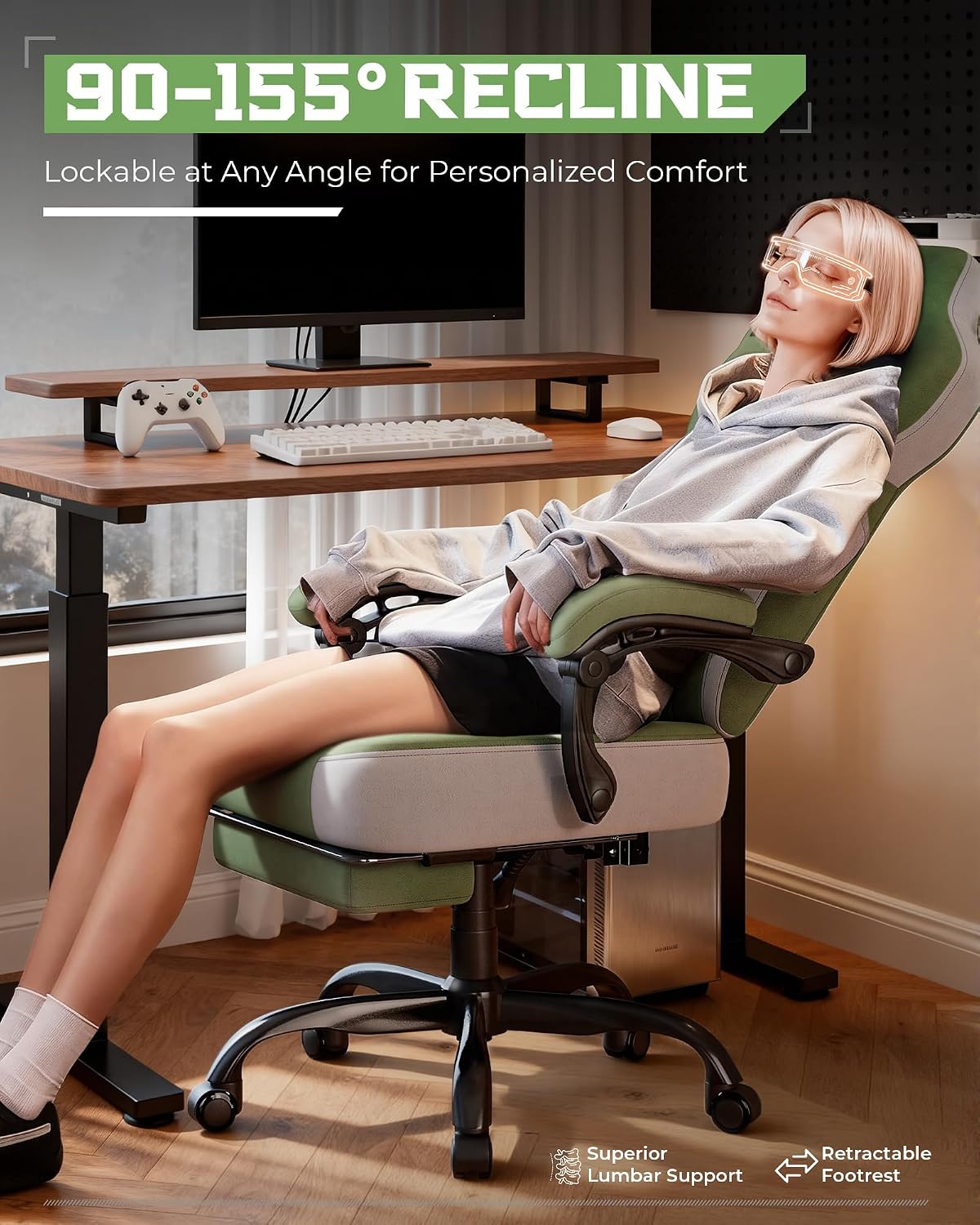 GTPLAYER Gaming Chairs for Adult - Ergonomic Big & Tall Gaming Seat with Footrest & Lumbar Support, Comfortable Office Chair 90-155° Reclining - Heavy Duty Wide Computer Seat, Sage Green