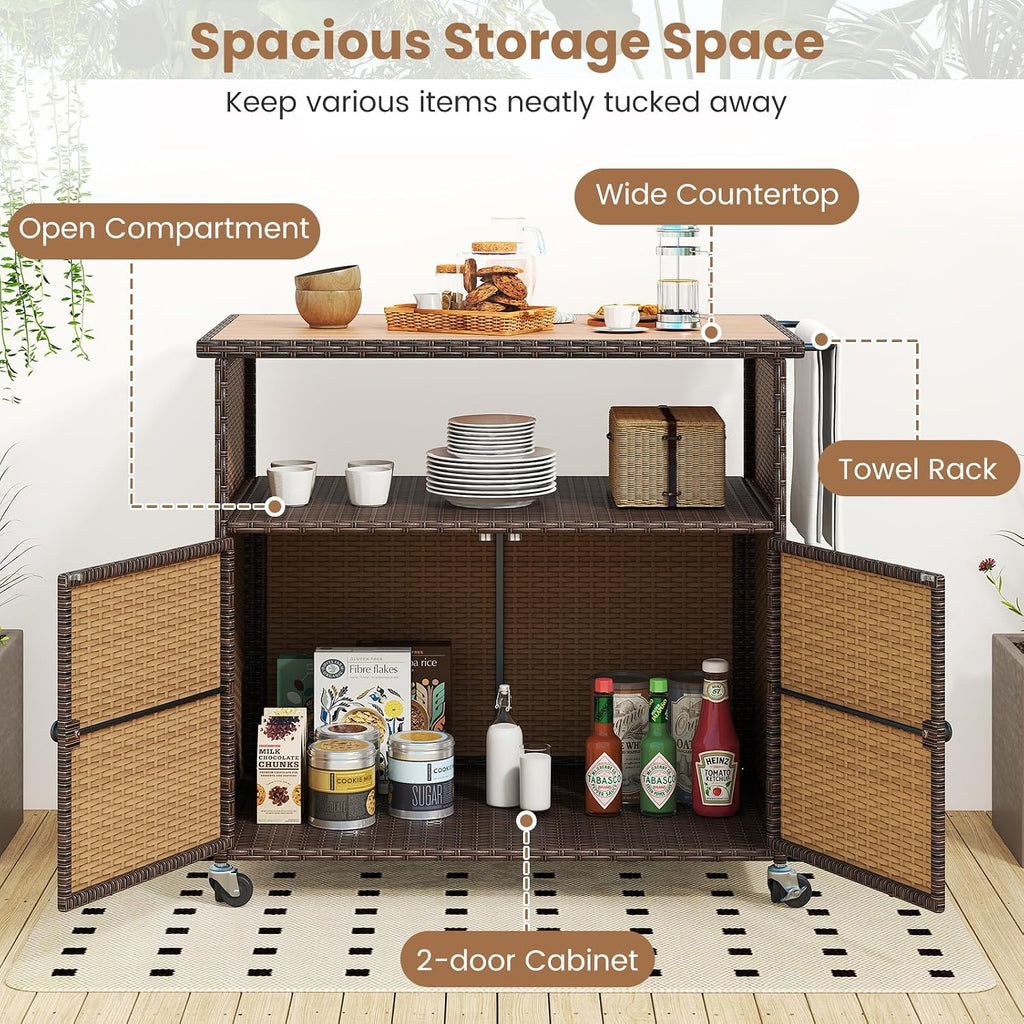 Tangkula Rattan Outdoor Storage Cabinet, Patiojoy PE Wicker Outdoor Cabinet with Acacia Wood Countertop, Open Compartment, Storage Shelf, Outdoor Bar with 4 Wheels for Garden Backyard Deck