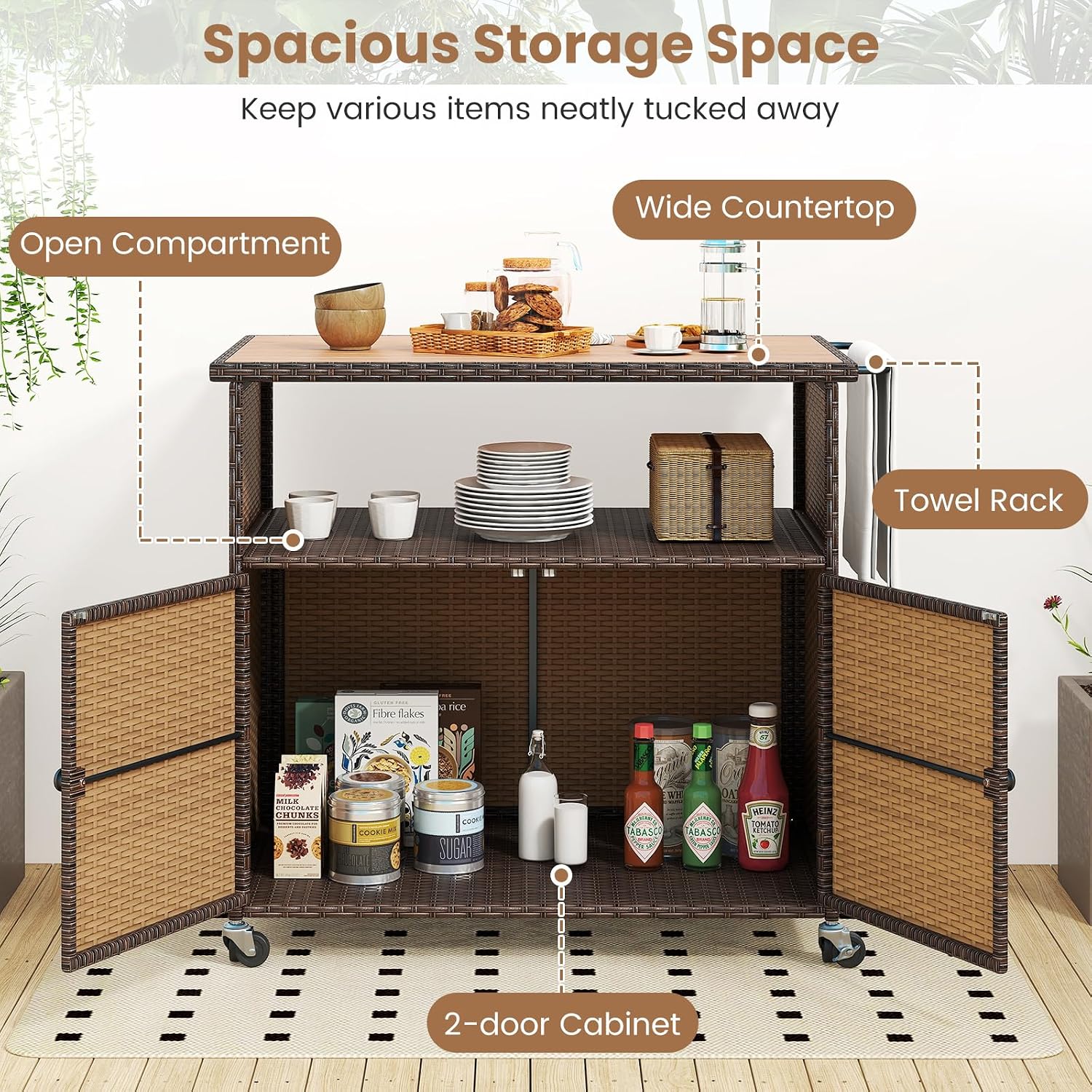 Tangkula Rattan Outdoor Storage Cabinet, Patiojoy PE Wicker Outdoor Cabinet with Acacia Wood Countertop, Open Compartment, Storage Shelf, Outdoor Bar with 4 Wheels for Garden Backyard Deck