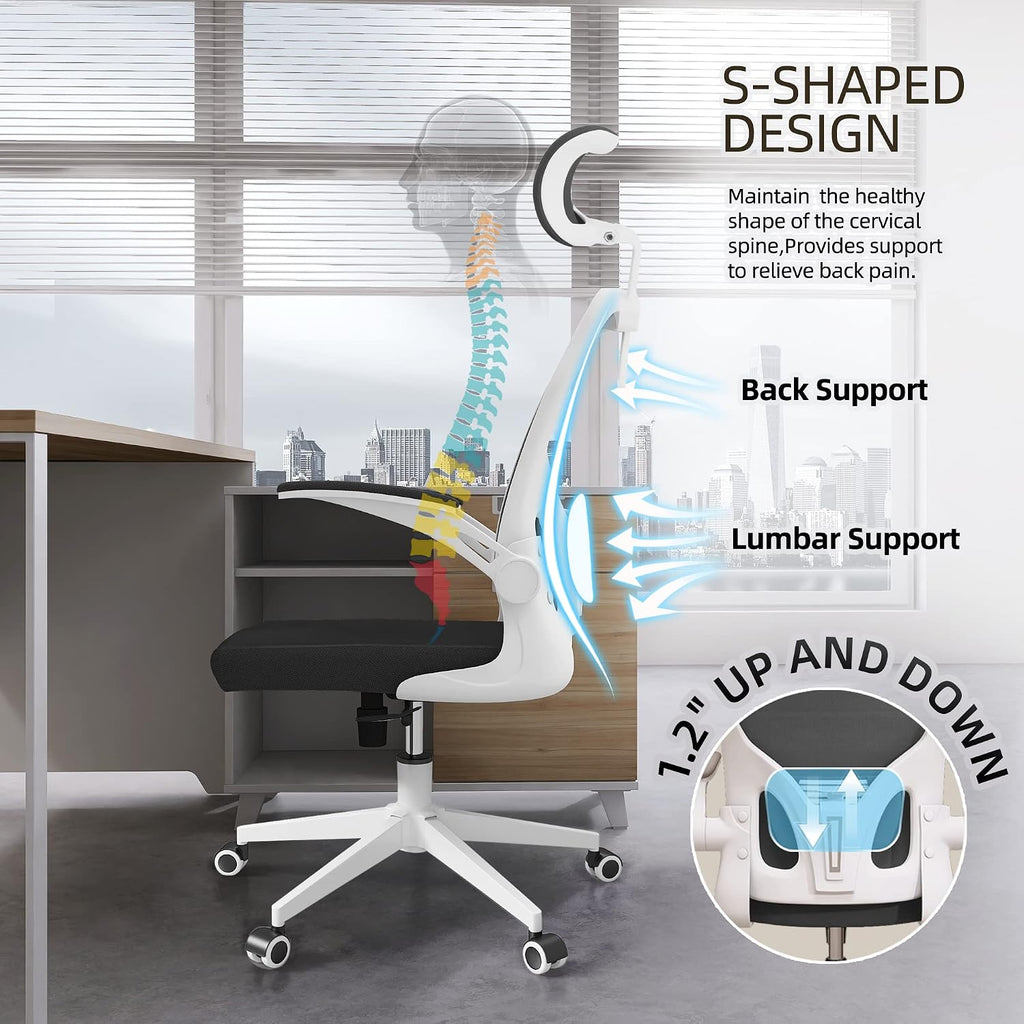 Monhey Ergonomic Office Chair, 90°-125° Tilt Back Home Desk Chair with 360° Swivel & Mute Wheels, High Back Mesh Computer Chair for Adults with Lumbar Support, 330 LBS Capacity (03White+Black)