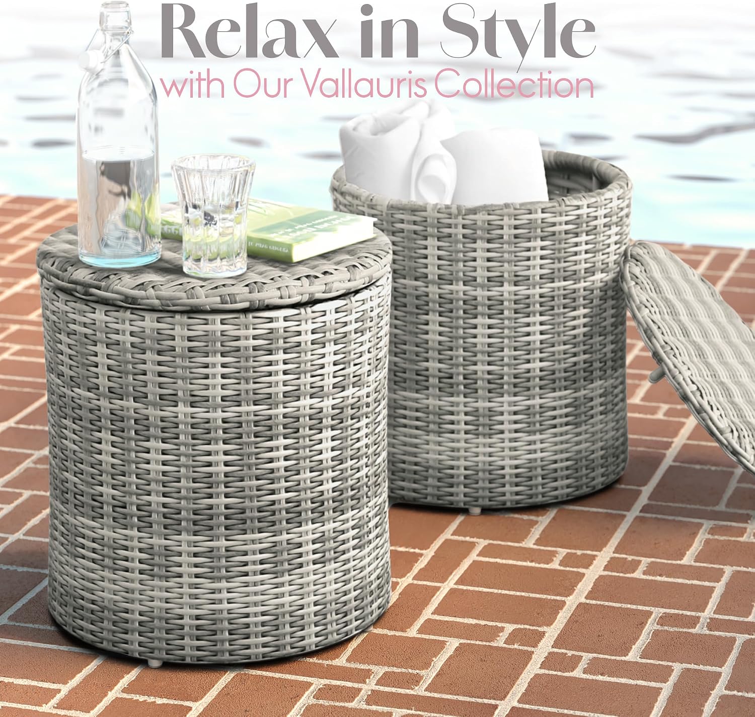 Elle Decor Vallauris Patio Outdoor Furniture Collection, Premium All Weather Wicker, Storage Side Table, Gray