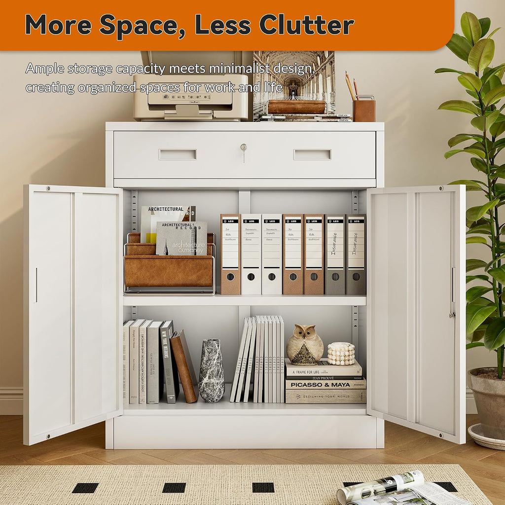 BESFUR Metal Garage Storage Cabinet with One Lockable Drawer 2 Locking Doors and an Adjustable Shelf, 36' White Metal Short Storage Cabinet for Home Office, Garage,School,Utility Room