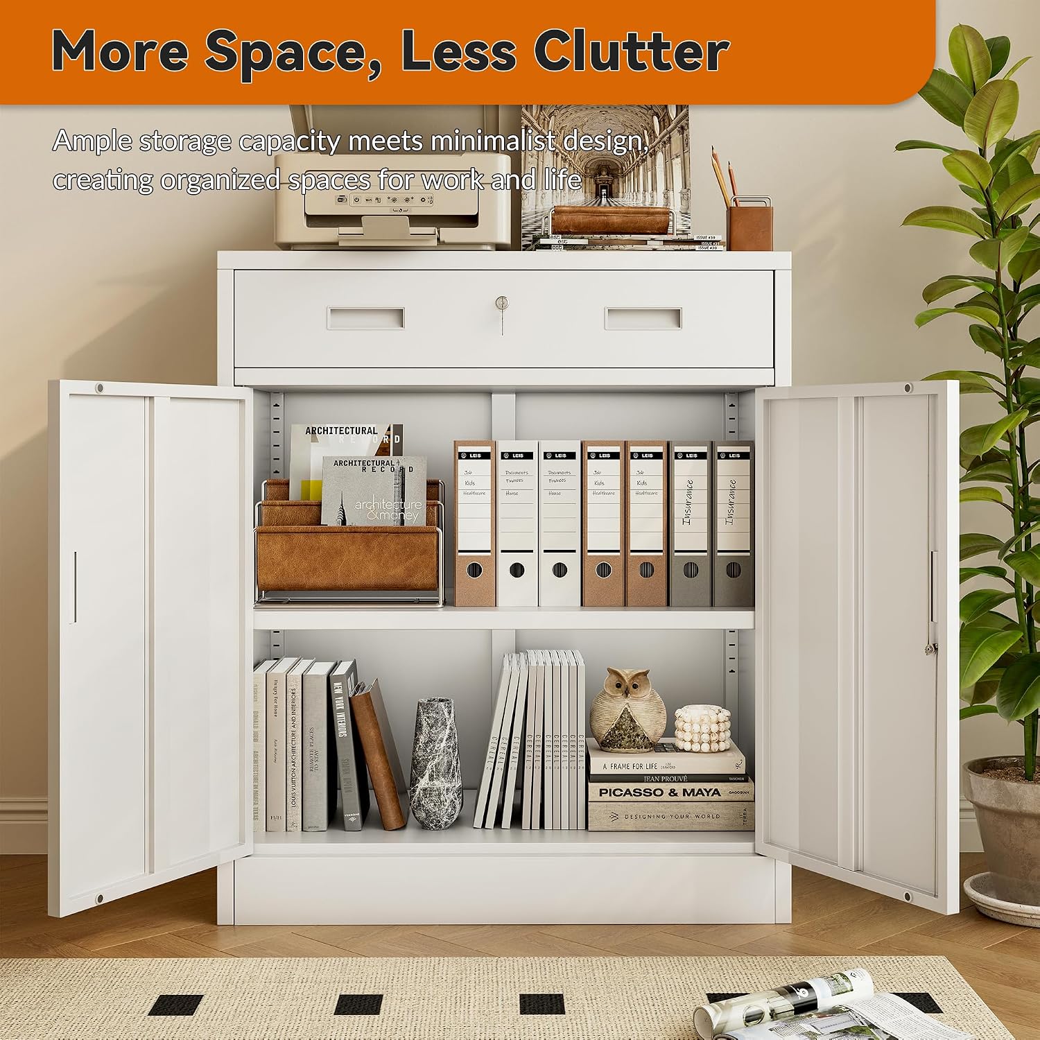 BESFUR Metal Garage Storage Cabinet with One Lockable Drawer 2 Locking Doors and an Adjustable Shelf, 36' White Metal Short Storage Cabinet for Home Office, Garage,School,Utility Room