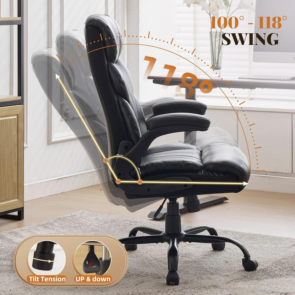 Comfortable Office Desk Chair 500 LBS, Big and Tall Office Chairs with Adjustable Flip-up Armrests,100-118°Recline Executive Leather Gaming Chair for Heavy People, Long Hours,Black