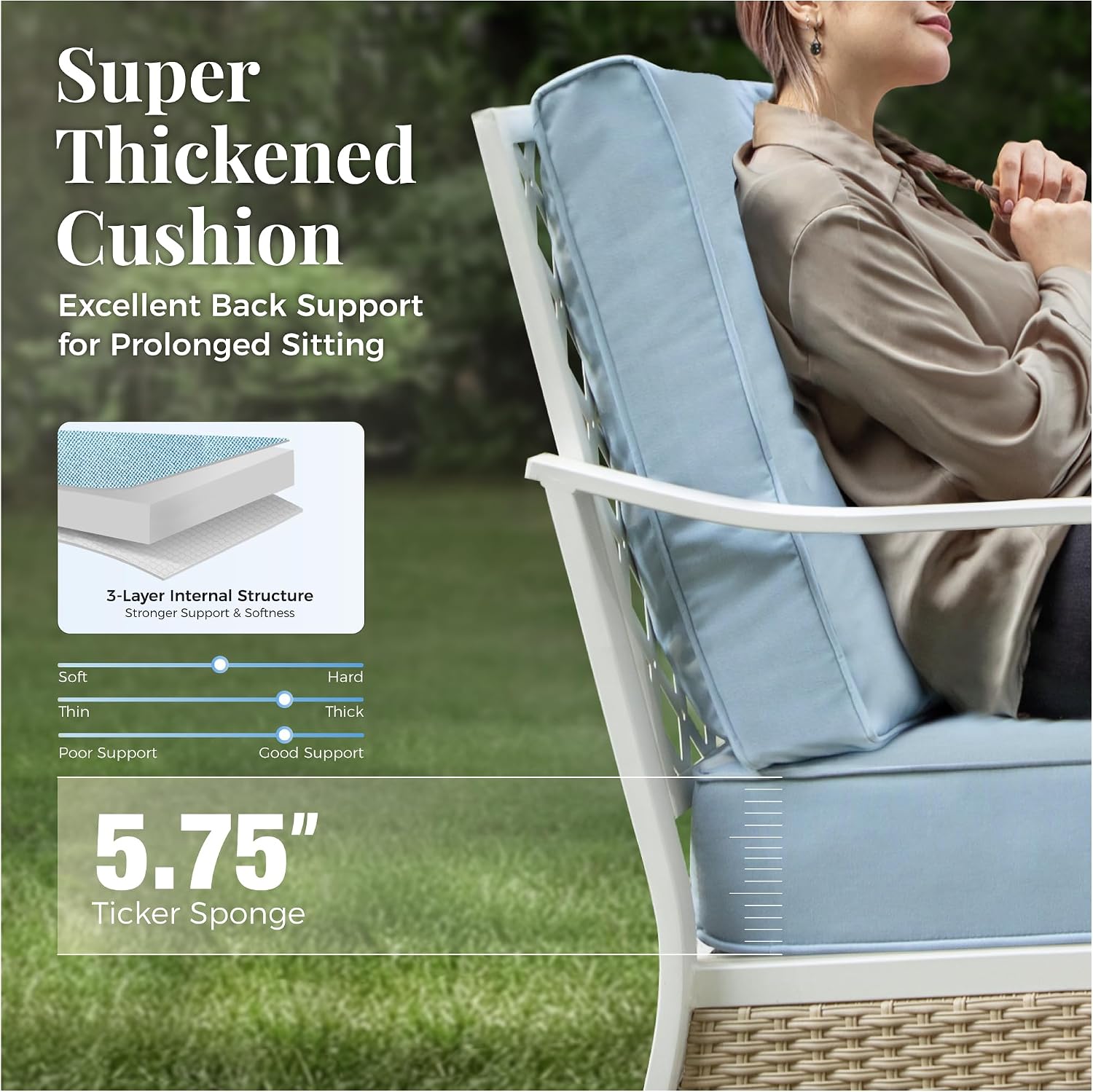5 Piece Metal Patio Furniture Set, 7-Seat All Weather Outdoor Conversation Set with 3-Seat Sofa & 2 Swivel Chairs & Love Seat, Outdoor Sofa Set for Backyard, Deck, Garden, White/Blue
