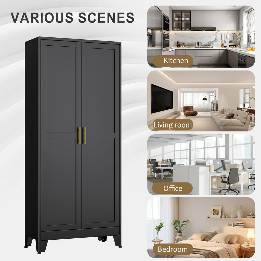 pozdeg 75' Tall Pantry Cabinet, Metal Kitchen Storage Cabinet with 2 Doors and 5 Adjustable Shelves, White Storage Cabinet Cupboard for Kitchen, Dining Room, Living Room and Bathroom (Black)