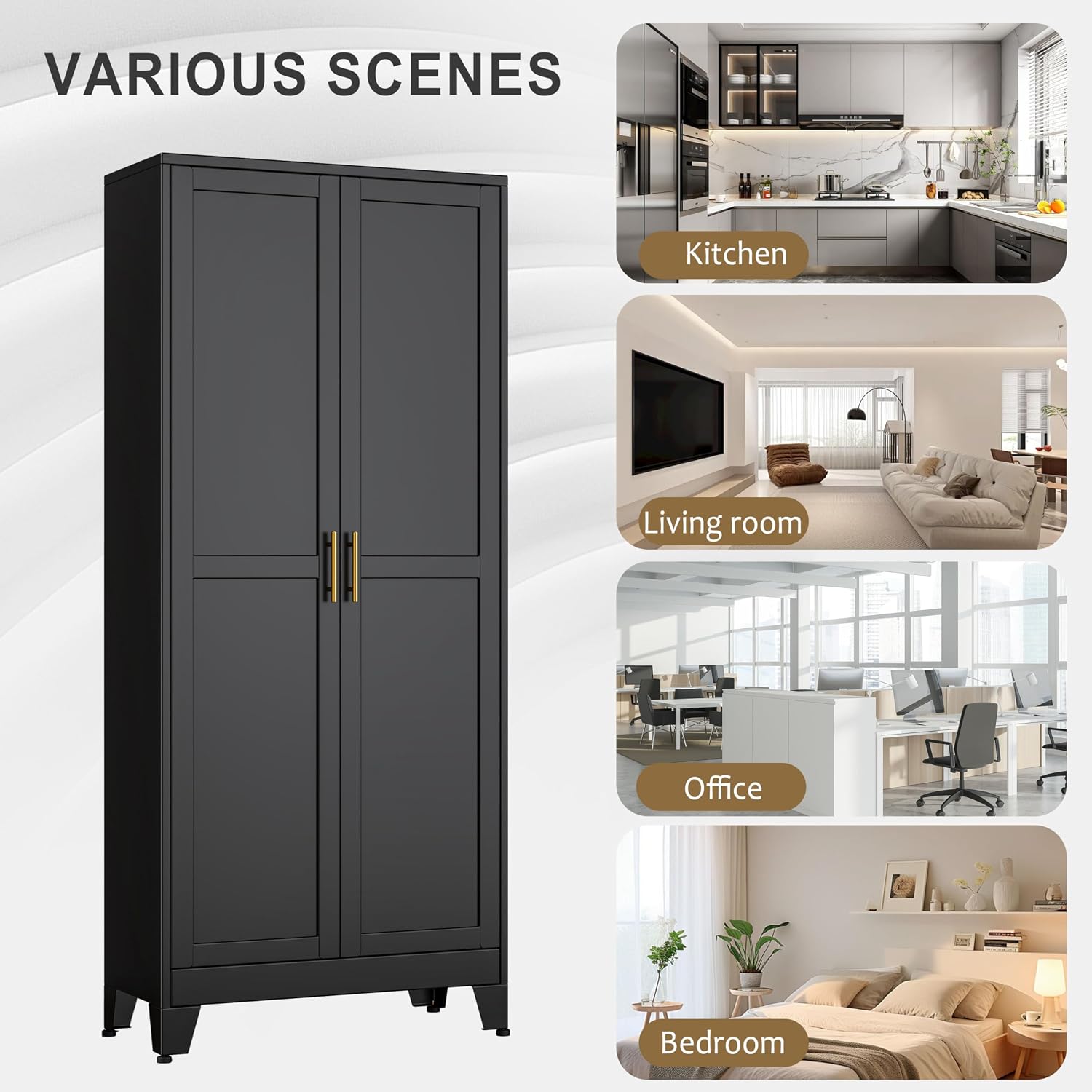 pozdeg 75' Tall Pantry Cabinet, Metal Kitchen Storage Cabinet with 2 Doors and 5 Adjustable Shelves, White Storage Cabinet Cupboard for Kitchen, Dining Room, Living Room and Bathroom (Black)