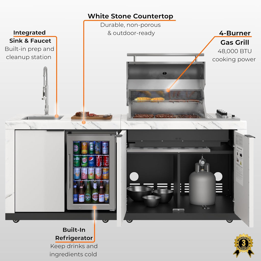 KoolMore Reserve 83 in. Outdoor Kitchen Suite with White Stone Counters and Sides, 4-Burner Grill, Stainless Steel Sink and Faucet