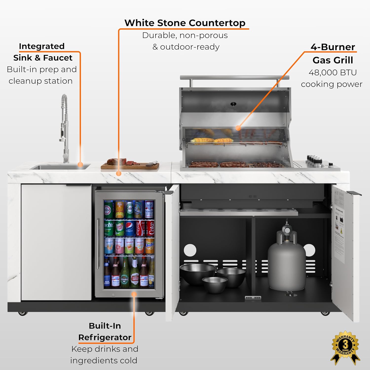 KoolMore Reserve 83 in. Outdoor Kitchen Suite with White Stone Counters and Sides, 4-Burner Grill, Stainless Steel Sink and Faucet