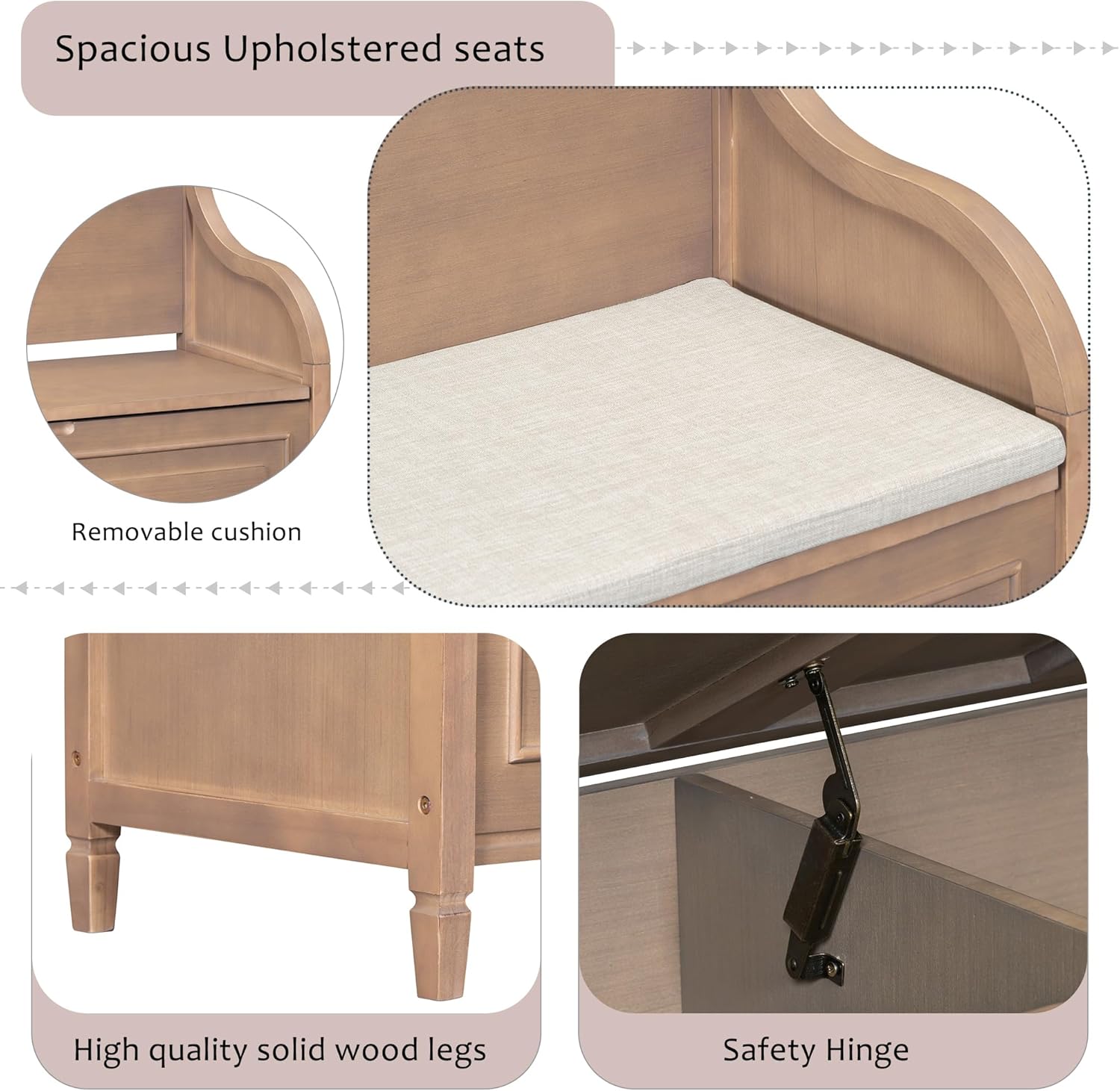Bellemave Storage Bench with Safety Hinge Wooden Entryway Benches with Shoe Cabinets Under Seat Multifunctional Storage Bench for Entryway, Foyer or a Mudroom (Brown + Beige)