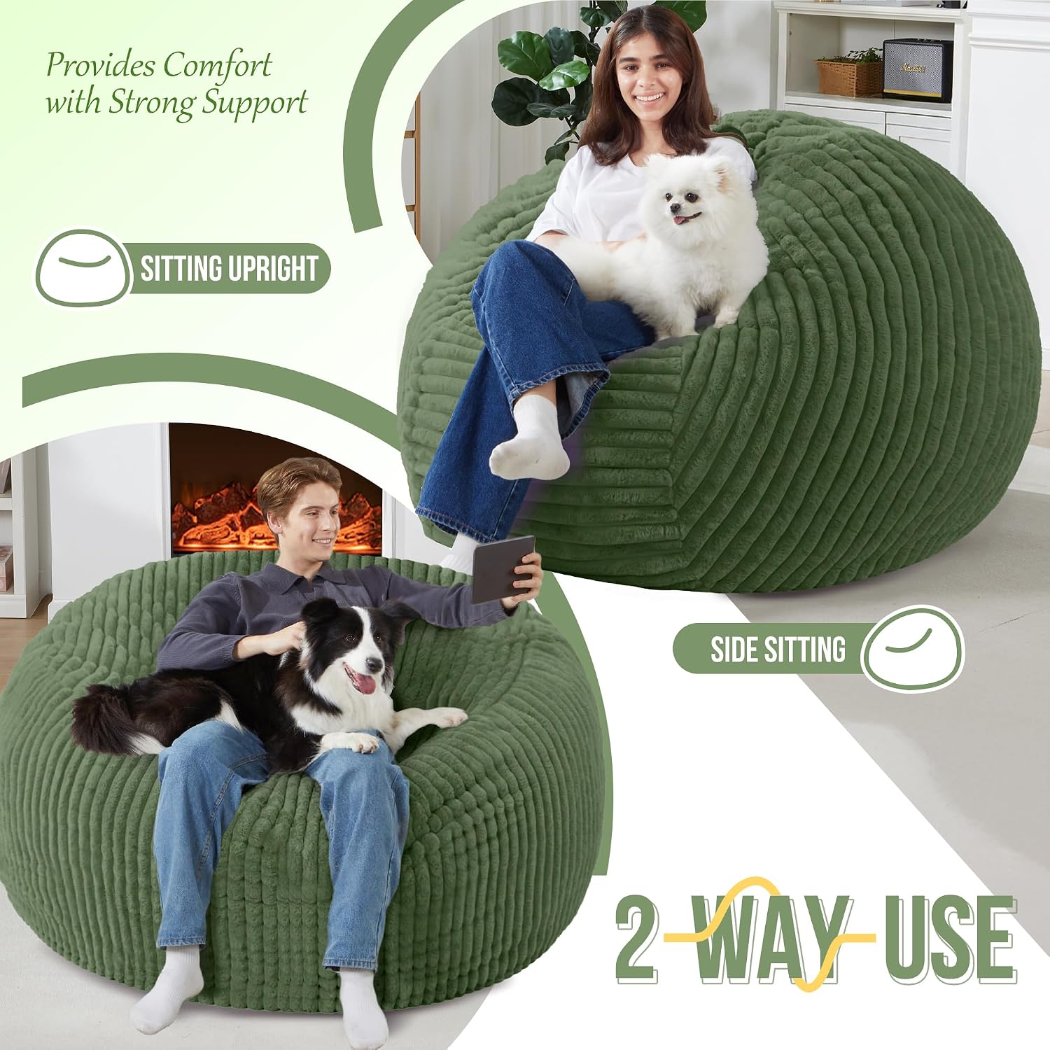 Homguava 6 FT Bean Bag Chair,6' Big Bean Bag,Giant Bean Bag Chairs for Adults with Memory Foam Filled,Comfy Large Beanbag Chairs Soft Bean Bag Sofa with Dutch Corded Plush Cover-Green