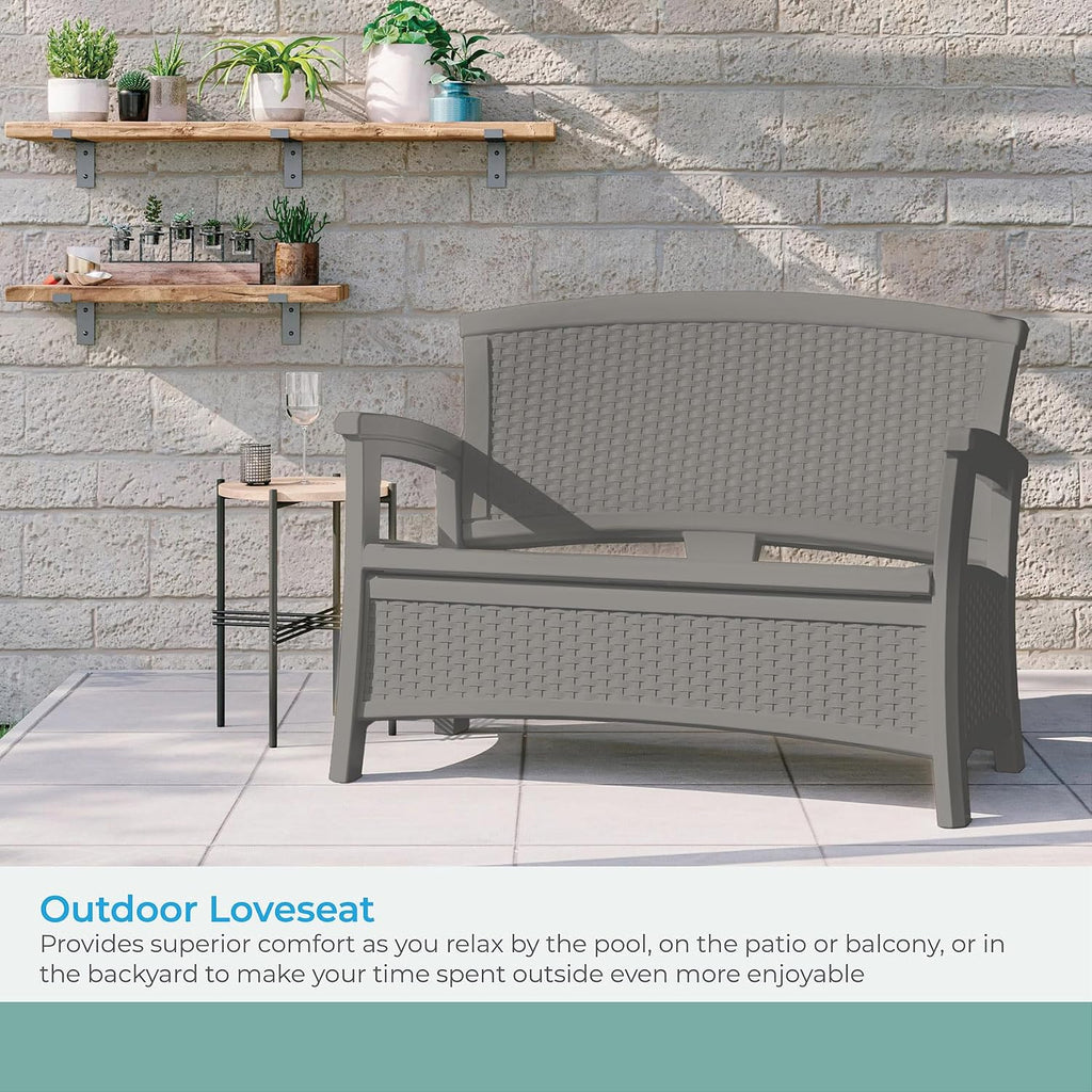 Suncast Outdoor Wicker Love Seat with 23-Gallon Storage, Comfortable Seating for Two, Ergonomic Back Support, All-Weather Furniture for Patio, Deck, and Garden, Gray, Made in The USA