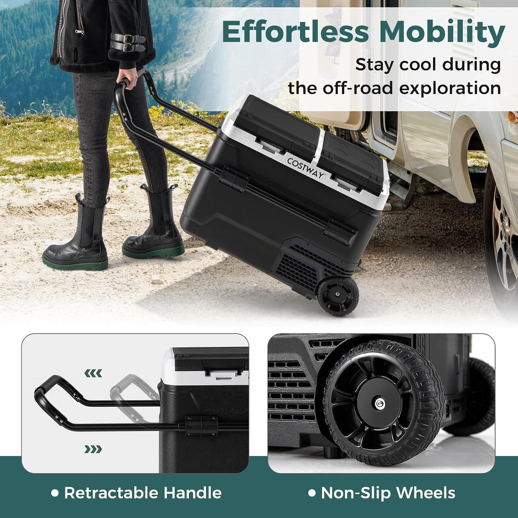 COSTWAY Car Refrigerator with Wheels, 53-Quart Dual-zone Dual-temperature Electric Cooler, 12V/24V DC, 100-240V AC, -4°F To 68°F, Portable Car Fridge Freezer for RV Camping, Black