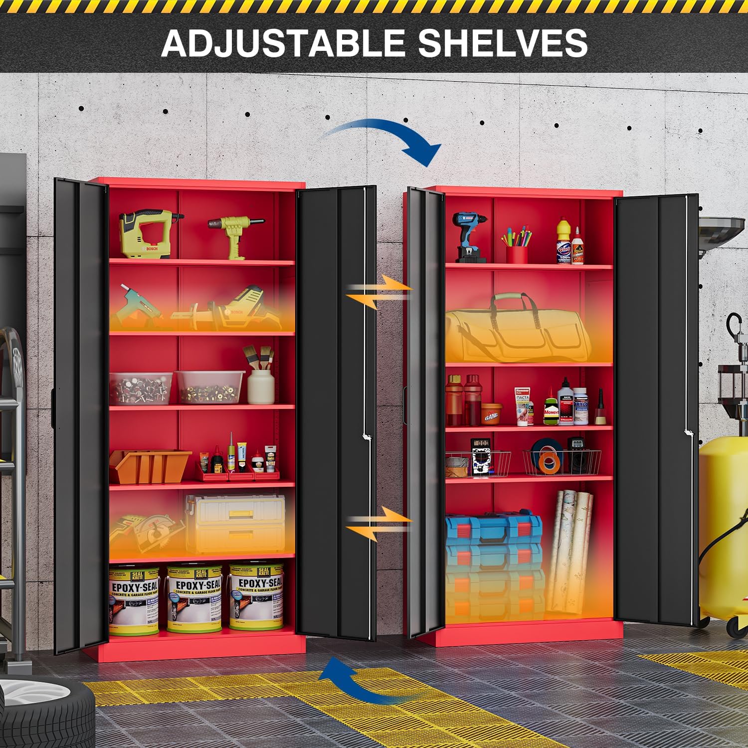Fesbos Metal Storage Cabinet-71' Tall Steel File Cabinets with Lockable Doors and Adjustable Shelves-Black&Red Steel Storage Cabinet for Home, School, Office, Garage