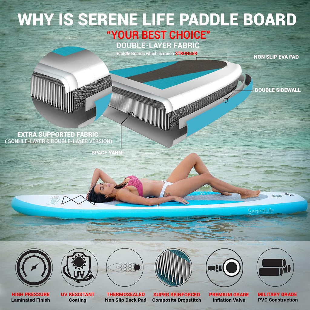 SereneLife 10' Inflatable Stand Up Paddle Board 2-Pack with Premium SUP Accessories – 32' Wide Stable Design with Non-Slip EVA Deck Pad for Youth and Adults, 350 lbs. Capacity Each
