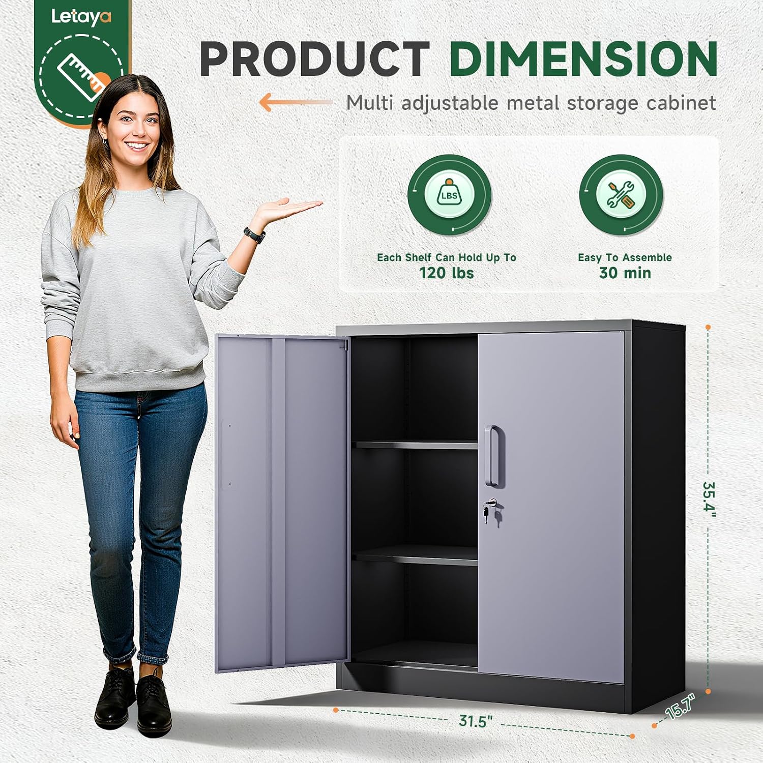 Letaya Metal Storage Cabinets with Lock Door and Shelves, Steel Garage Tool Cabinets for Home,Office, Warehouse,Lockers (36'-Black&Gray)