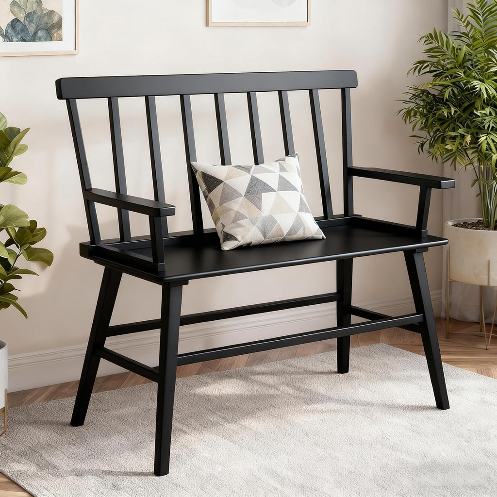 Dining Bench for Kitchen & Dining Room – Bamboo Wood Bench with Spindle Back & Armrests, Farmhouse Entryway Bench, Indoor Bedroom Bench, Versatile Entry Bench & Outdoor Bench Seating（Black with Arm）