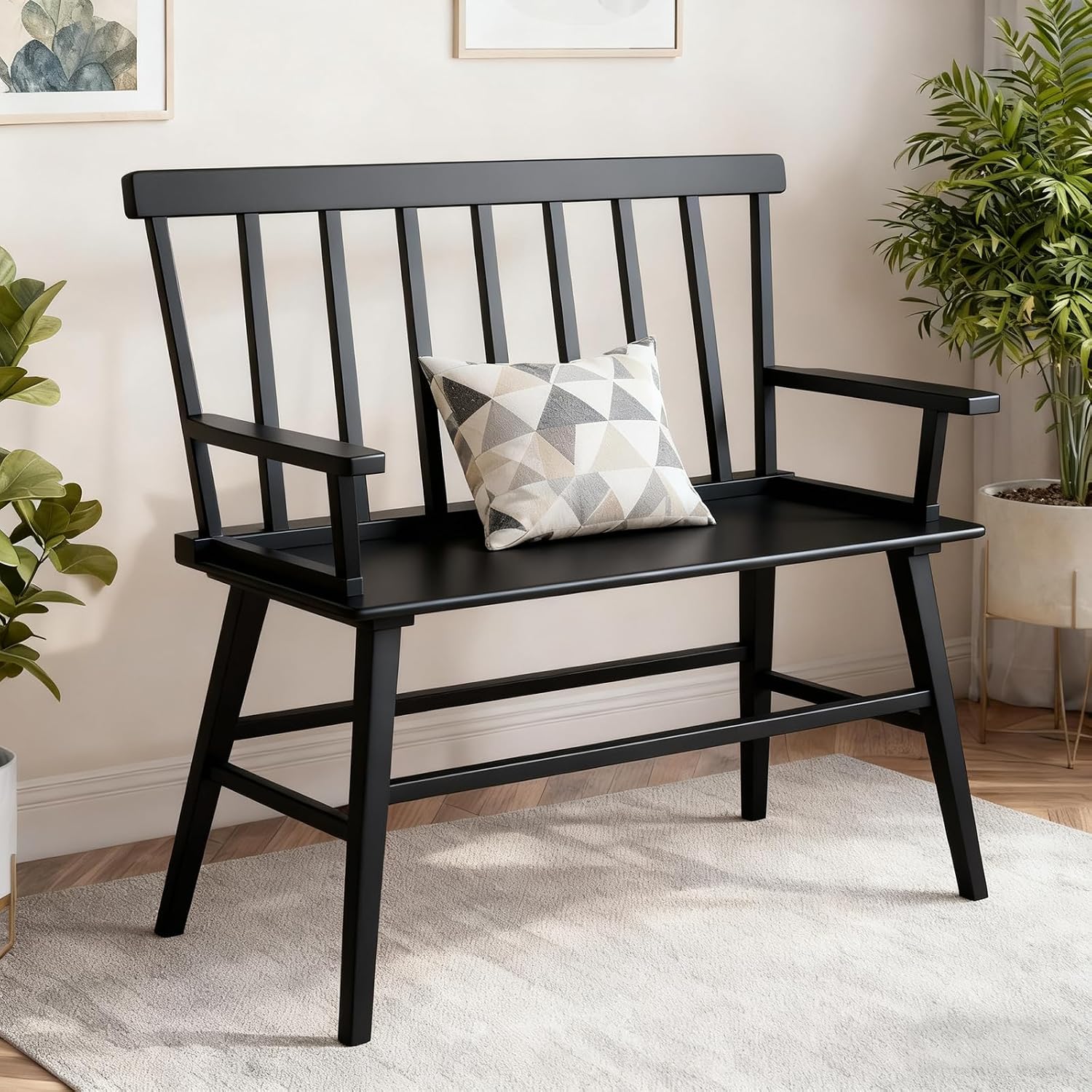 Dining Bench for Kitchen & Dining Room – Bamboo Wood Bench with Spindle Back & Armrests, Farmhouse Entryway Bench, Indoor Bedroom Bench, Versatile Entry Bench & Outdoor Bench Seating（Black with Arm）