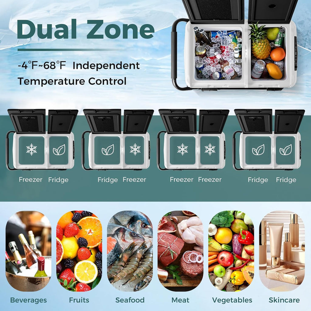 COSTWAY Car Refrigerator with Wheels, 53-Quart Dual-zone Dual-temperature Electric Cooler, 12V/24V DC, 100-240V AC, -4°F To 68°F, Portable Car Fridge Freezer for RV Camping, Black