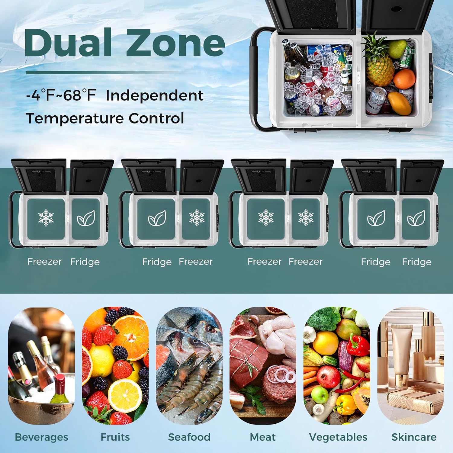 COSTWAY Car Refrigerator with Wheels, 53-Quart Dual-zone Dual-temperature Electric Cooler, 12V/24V DC, 100-240V AC, -4°F To 68°F, Portable Car Fridge Freezer for RV Camping, Black