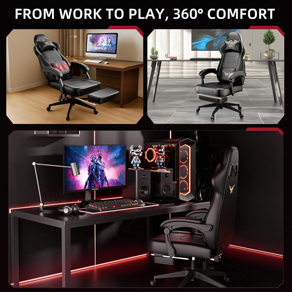 Gaming Chair, Ergonomic Computer Chair with Lumbar Massage & Heat, Video Game Chair with Silent Casters, 3D Adjustable Backrest, Thickened Seat, PU Leather, Hidden Footrest (63-77in)