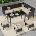 7 Piece Outdoor Dining Set, Patio Furniture with Cushions & 3 Pillows, Conversation Wicker Sectional Sofa Set with Long Glass Coffee Table for Garden, Porch, Lawn, Khaki
