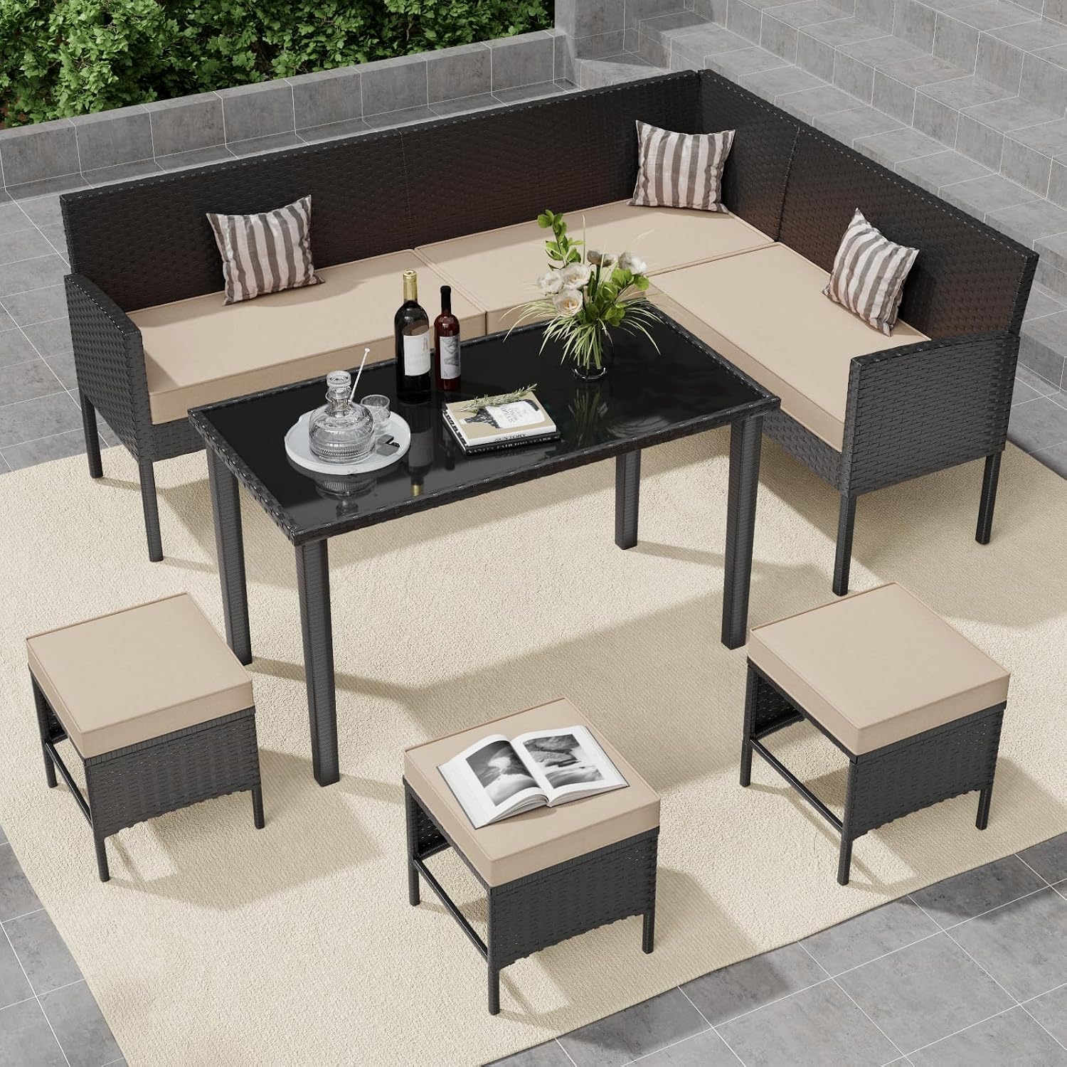 7 Piece Outdoor Dining Set, Patio Furniture with Cushions & 3 Pillows, Conversation Wicker Sectional Sofa Set with Long Glass Coffee Table for Garden, Porch, Lawn, Khaki