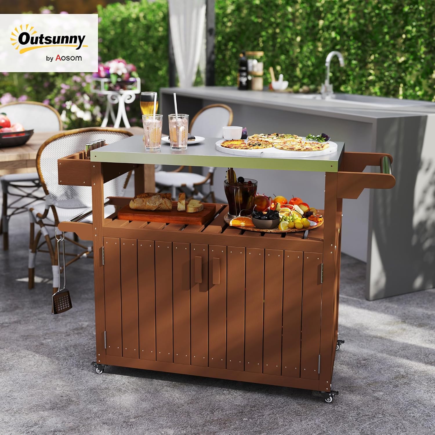 Outsunny Outdoor Bar Cart with Storage Cabinet, Stainless Steel Top Kitchen Island on Wheels, HDPE Outdoor Bar Table, Movable Patio Beverage Food Prep Table for BBQ Picnic, Brown