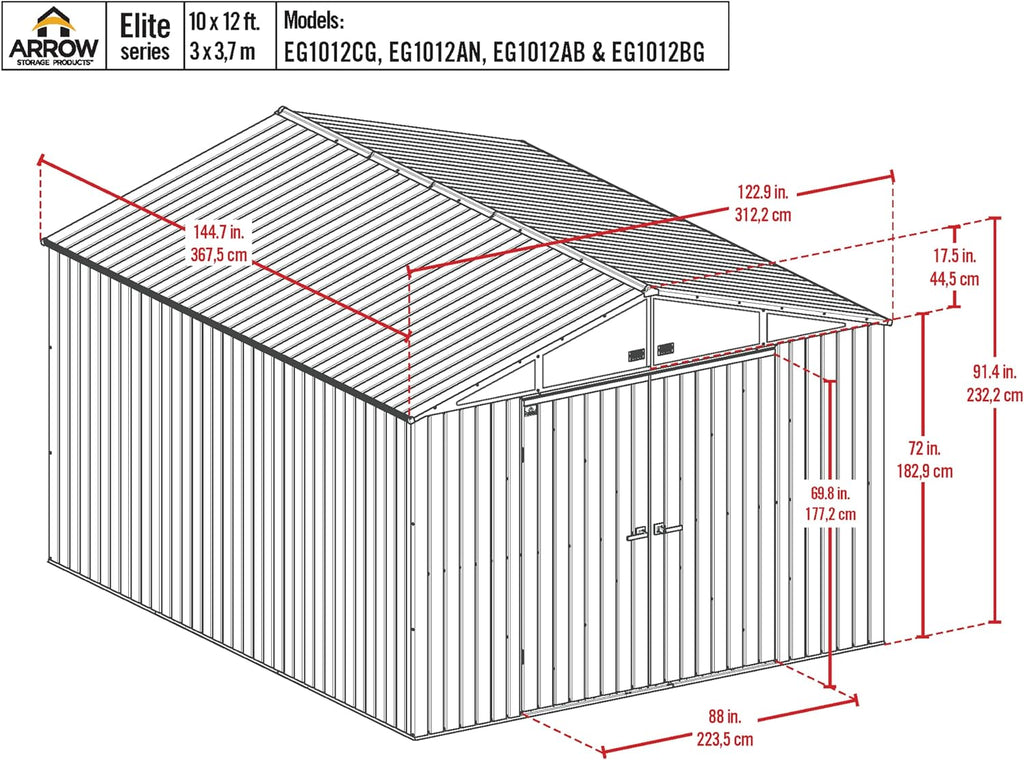 Arrow Shed Elite 10' x 12' Tall Outdoor Steel Storage Shed with High Gable and Lockable Doors Storage Building, Anthracite
