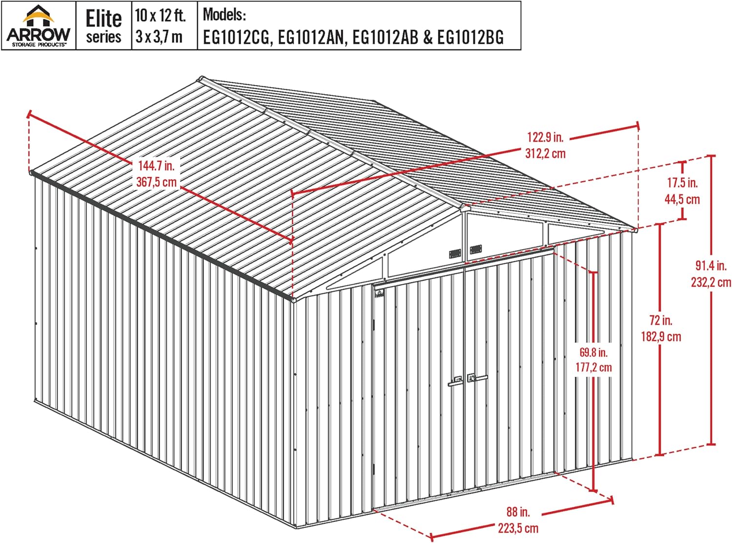 Arrow Shed Elite 10' x 12' Tall Outdoor Steel Storage Shed with High Gable and Lockable Doors Storage Building, Anthracite