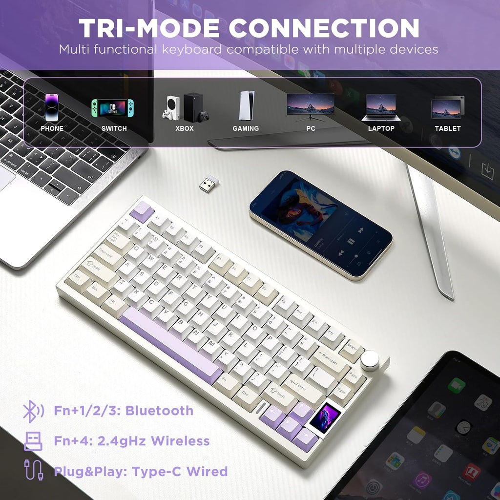 YUNZII AL80 Wireless Mechanical Keyboard,Full Aluminum CNC, Smart LCD Display,Hot Swappable Gasket Mount 75% Layout with Knob,BT/2.4G/USB-C,QMK/VIA Support for Win/Mac (Beige, Gateron Zero Switch)