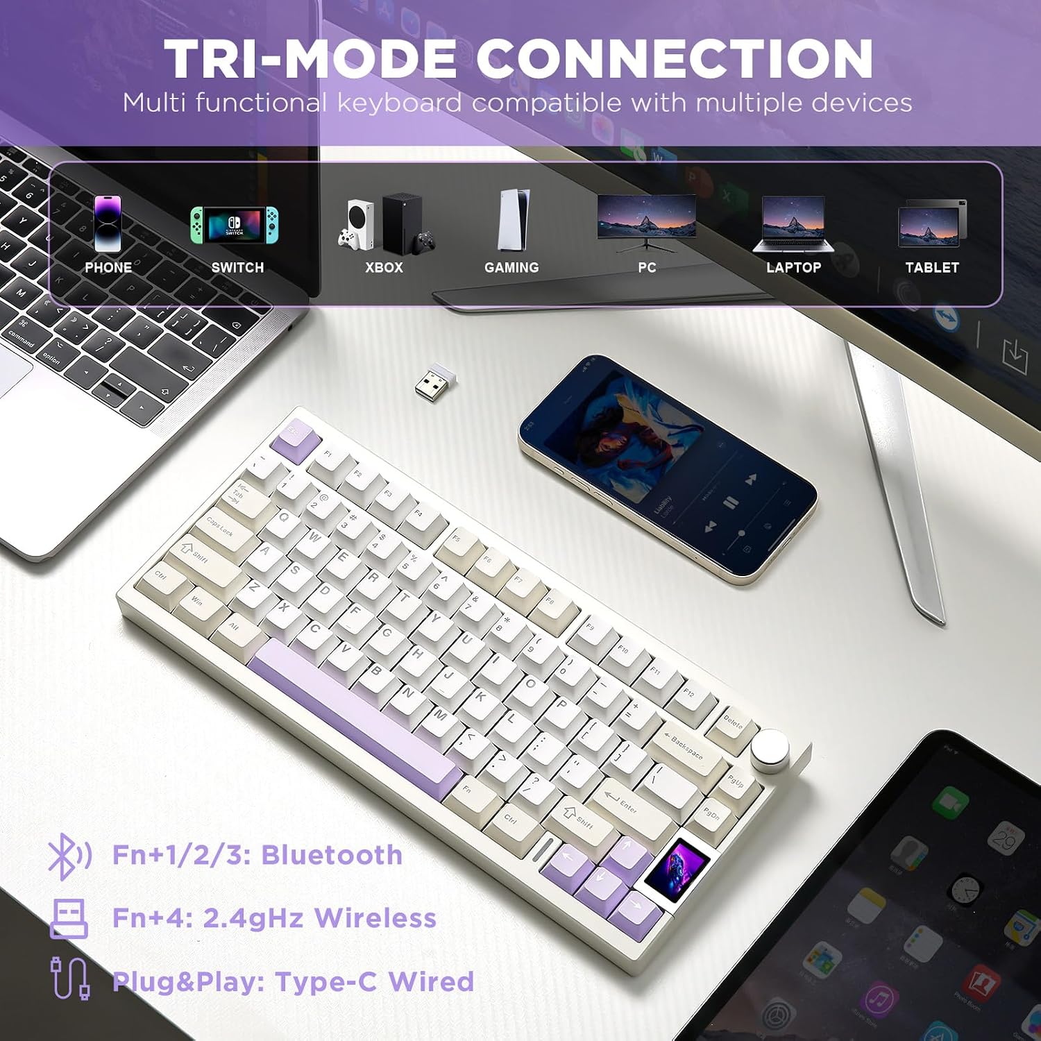YUNZII AL80 Wireless Mechanical Keyboard,Full Aluminum CNC, Smart LCD Display,Hot Swappable Gasket Mount 75% Layout with Knob,BT/2.4G/USB-C,QMK/VIA Support for Win/Mac (Beige, Gateron Zero Switch)