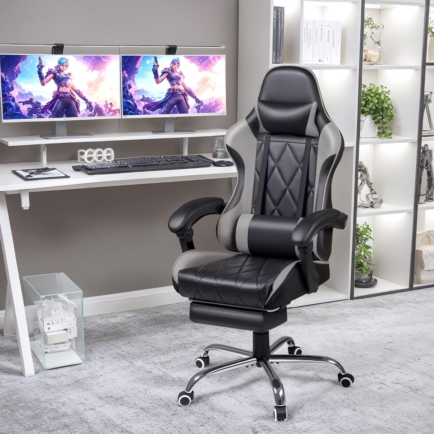 Shahoo Gaming Chair with Footrest and Massage Lumbar Support, Ergonomic Computer Seat Height Adjustable with 360°Swivel and Headrest, Grey1