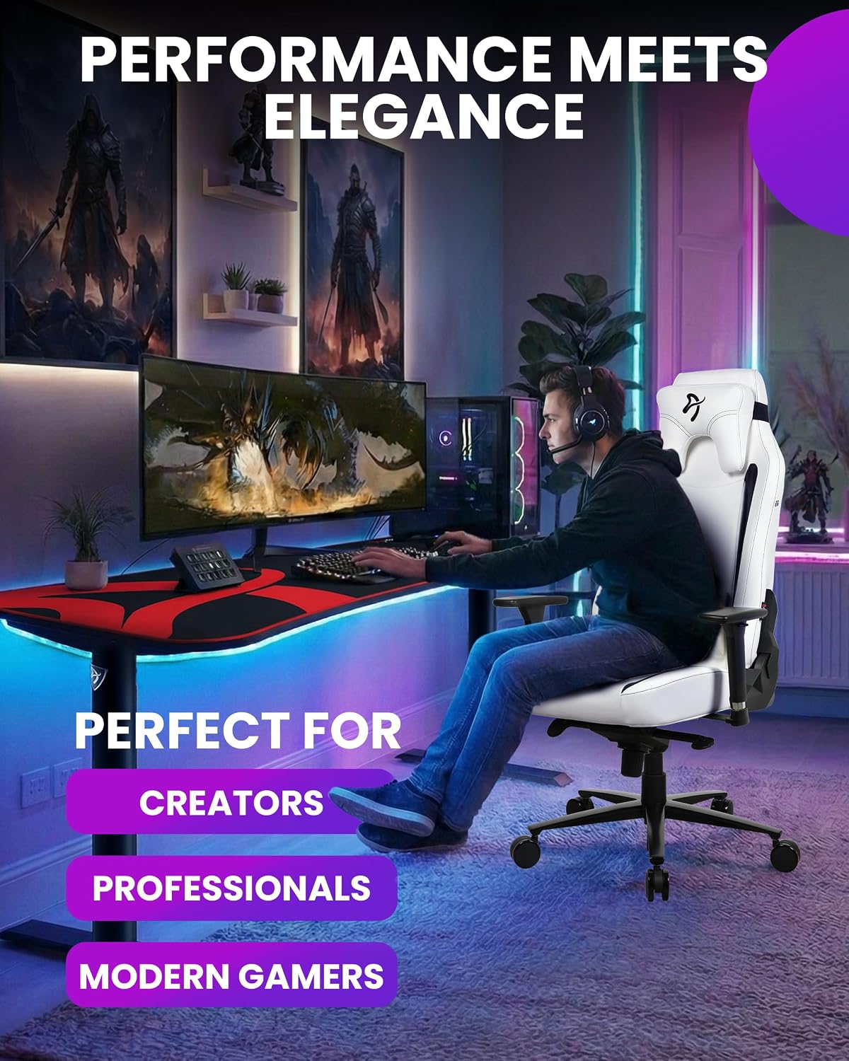 Arozzi Vernazza Gaming Chair - Soft PU Ergonomic Gaming Chairs for Adults Adjustable Height, Large Spacious Seat & Backrest with Support Pillows - Swedish Design Home Office Computer Chairs, White