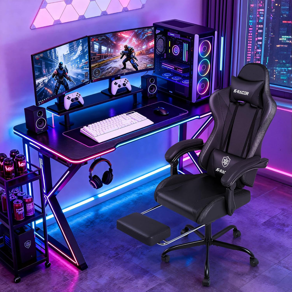 Homall Gaming Chair with Massage & Footrest, Ergonomic Computer Office Chair, High-Back Racing Style Reclining Chair with Adjustable Lumbar Support, PU Leather for Adults (Black)