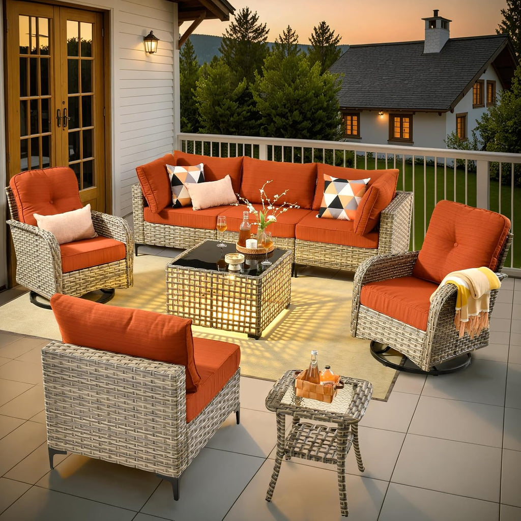 Patio Sectional Outdoor Furniture Set with Swivel Rocking Chairs and Glowing Table,8 Pieces Wicker Conversation Sets Modular Couch Out Door Sofa Outside Furniture for Garden Deck Yard Porch,Orange Red