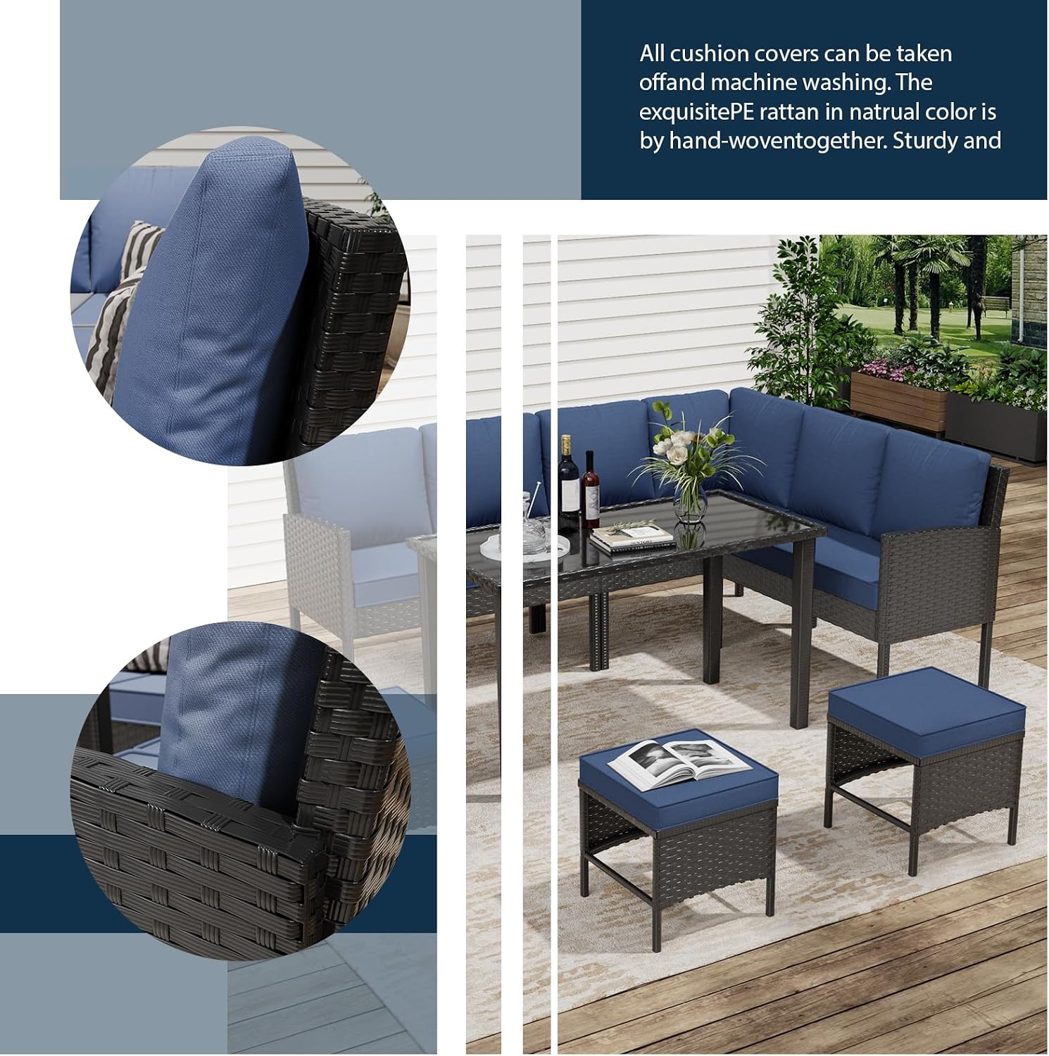 7-Piece Outdoor Patio Furniture Set, Wicker Sectional Sofa with Seat & Back Cushions, All-Weather Conversation Set with Long Glass Coffee Table for Garden, Porch, Lawn, Khaki