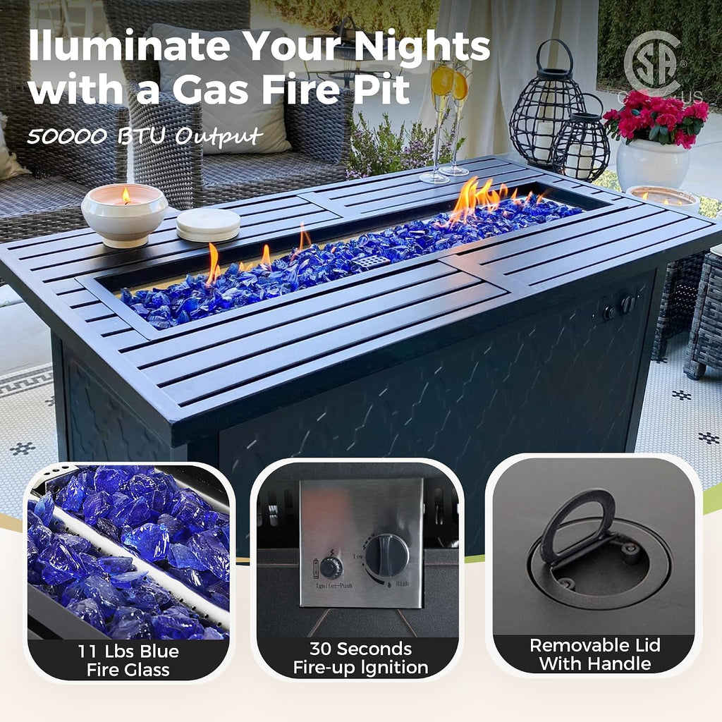 MIXPATIO Patio Furniture Set, 6 Pcs Metal Outdoor Conversation Set, 2 Swivel Chairs, 2 Ottomans and 3 Seater Sofa with 5.75' Extra Thick Cushion and Gas Fire Pit Table, Blue