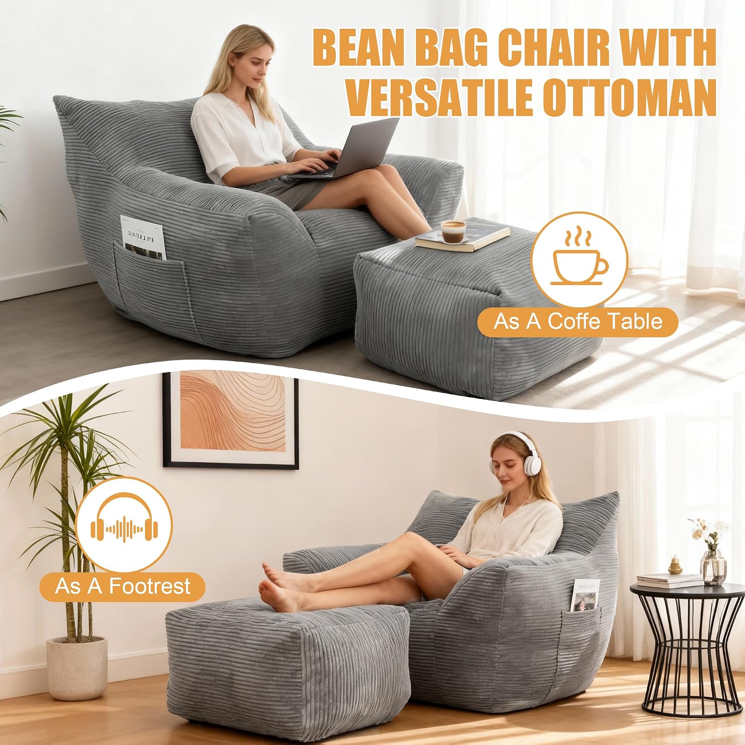 Giant Bean Bag Chair with Ottoman, Comfy Bean Bag Couch with 2 Side Pocket, Corduroy Boneless Couch Chair in a Box, Stuffed Lounge Floor Sofa for Dorm, Bedroom, Living Room, Gray