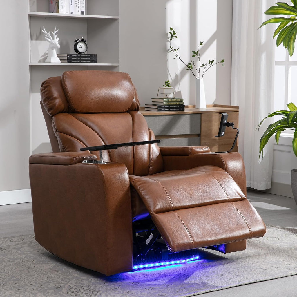 Merax Power Motion Recliner with USB Charging Port and Hidden Arm Storage, Home Theater Seating with Convenient Cup Holder Design,and Stereo(Light Brown)