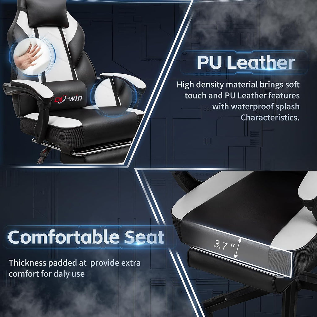 Gaming Chair with Footrest & Lumbar Support, Ergonomic Racing Style Computer Chair, 360° Swivel Height Adjustable Video Game Chair, Massage Office Chair Gaming Equipment, White