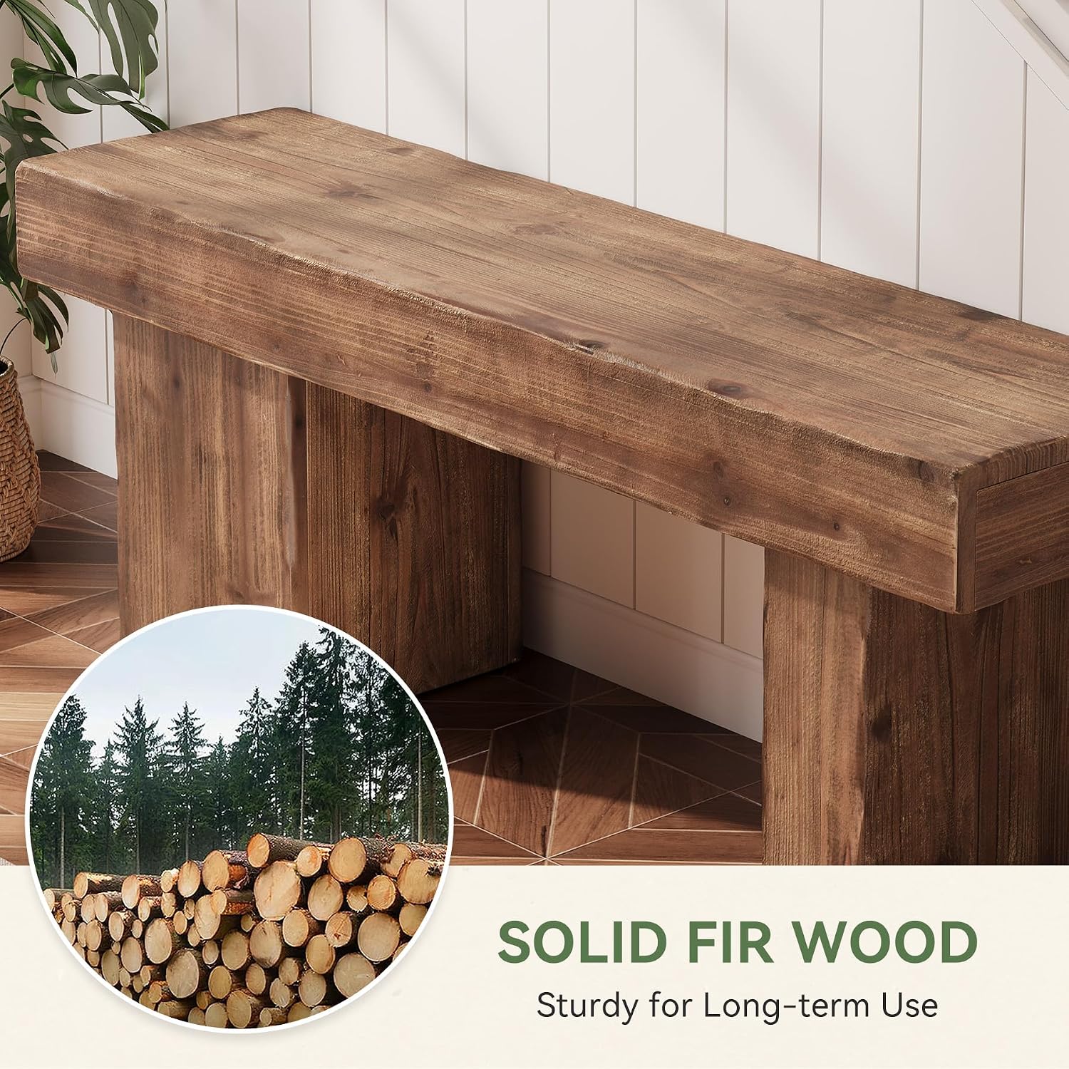 Solid Wood Bench, 47' Farmhouse Entryway Bench with Thickened Seat & Artistic Legs, Heavy Duty Indoor Bench for Bedroom, Hallway, Living Room, Indoor, Porch, Natural