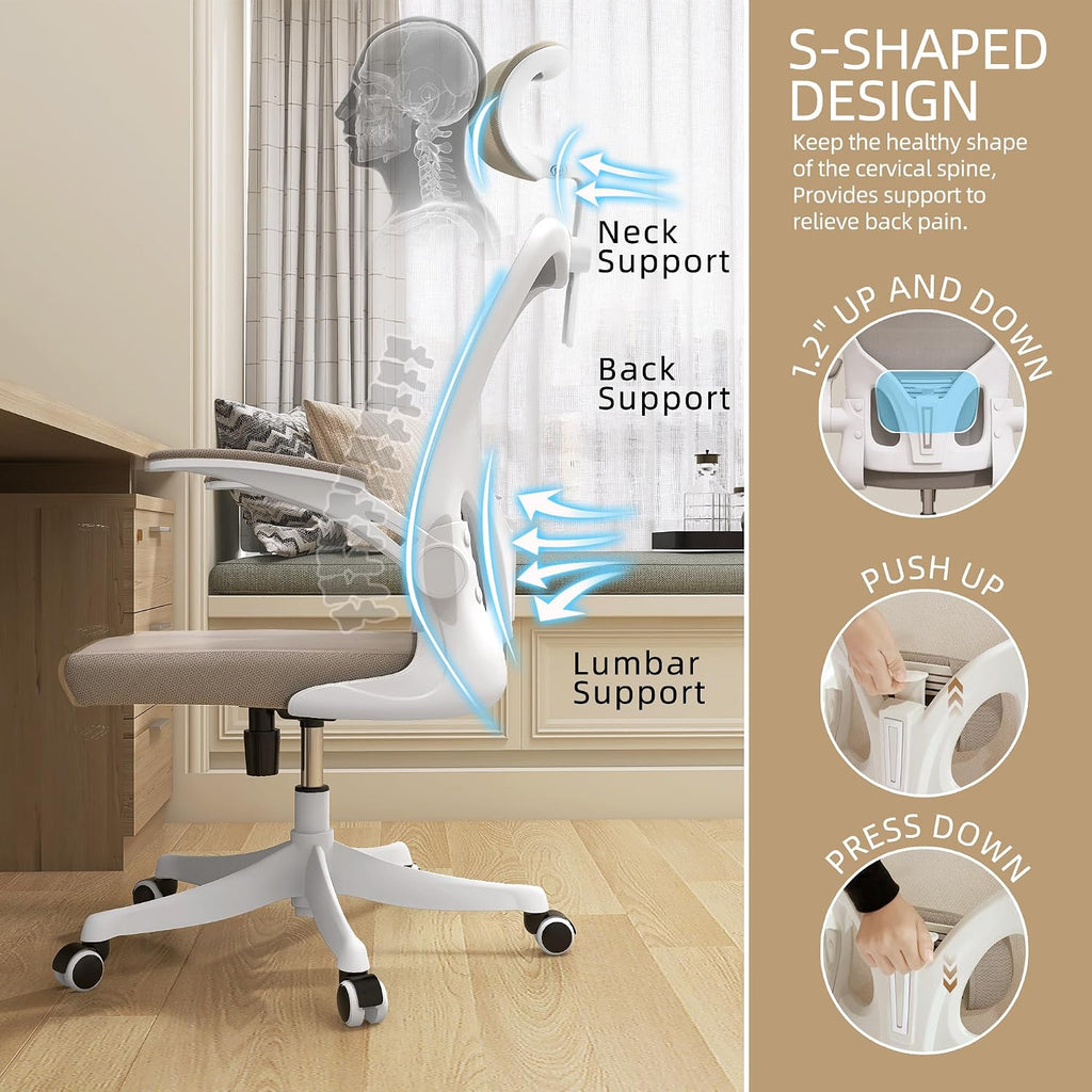 Monhey Ergonomic Office Chair, 90°-125° Tilt Back Home Desk Chair with 360° Swivel & Mute Wheels, High Back Mesh Computer Chair for Adults with Lumbar Support, 330 LBS Capacity (04White+Khaki)