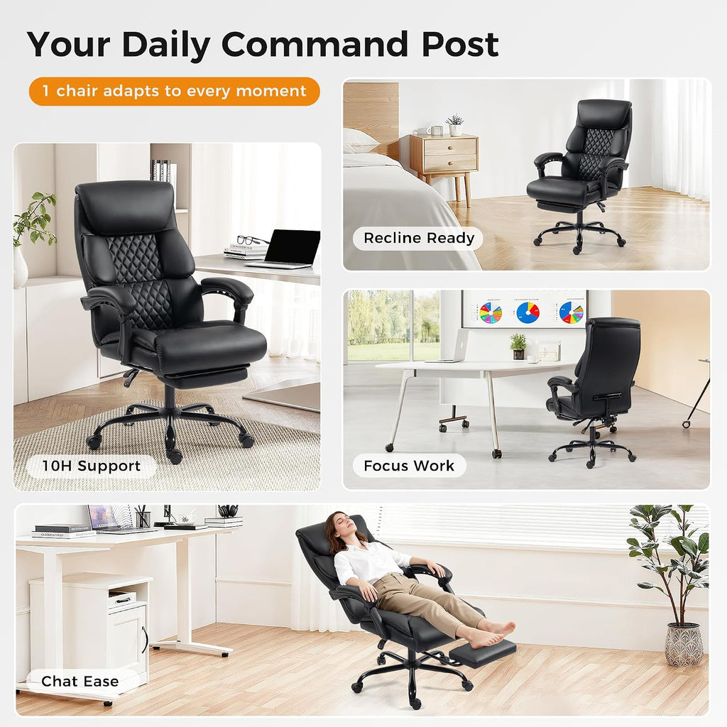 Office Chair, Executive High Back Leather Home Office Desk Chair with Footrest & Lumbar Support - Ergonomic Reclining Comfortable Wide Swivel Rolling Gaming Computer Chair 90-135° Adjustable Tilt Lock