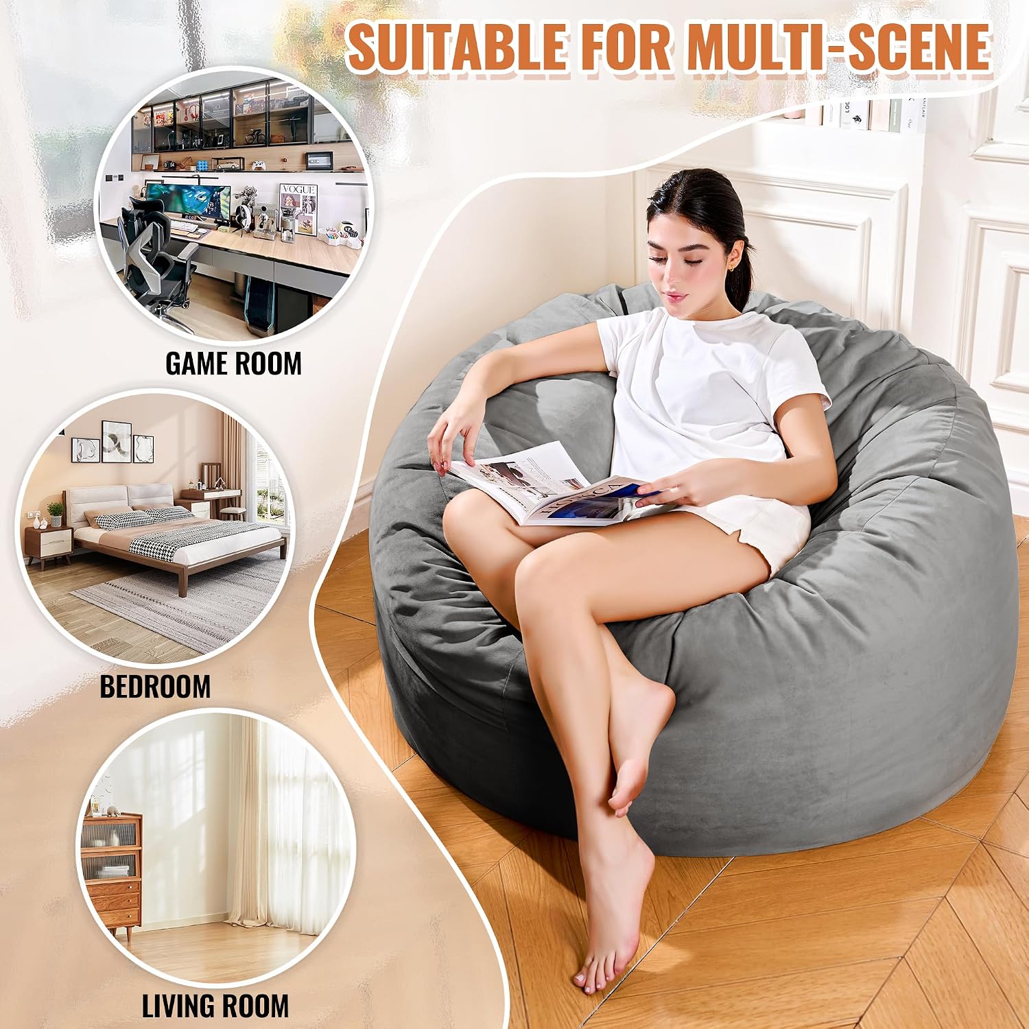 4FT Bean Bag Chair, Bean Bag Chairs for Adults and Kids, Fluffy and Comfy Bean Bag with Velvet Cover, Bean Bag with Memory Foam Filled for Gaming, Living Room, Playroom (Grey)
