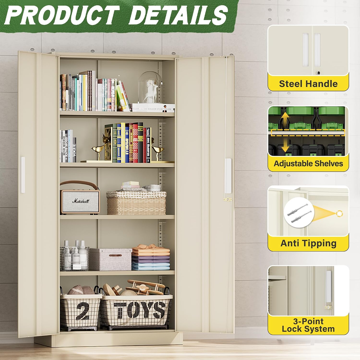 Greenvelly Metal Storage Cabinet, Gray Steel Garage Cabinet with Doors and Adjustable Shelves, Metal Cabinet with Lock,Garage Cabinets and Storage System for Garage,Home Office,School