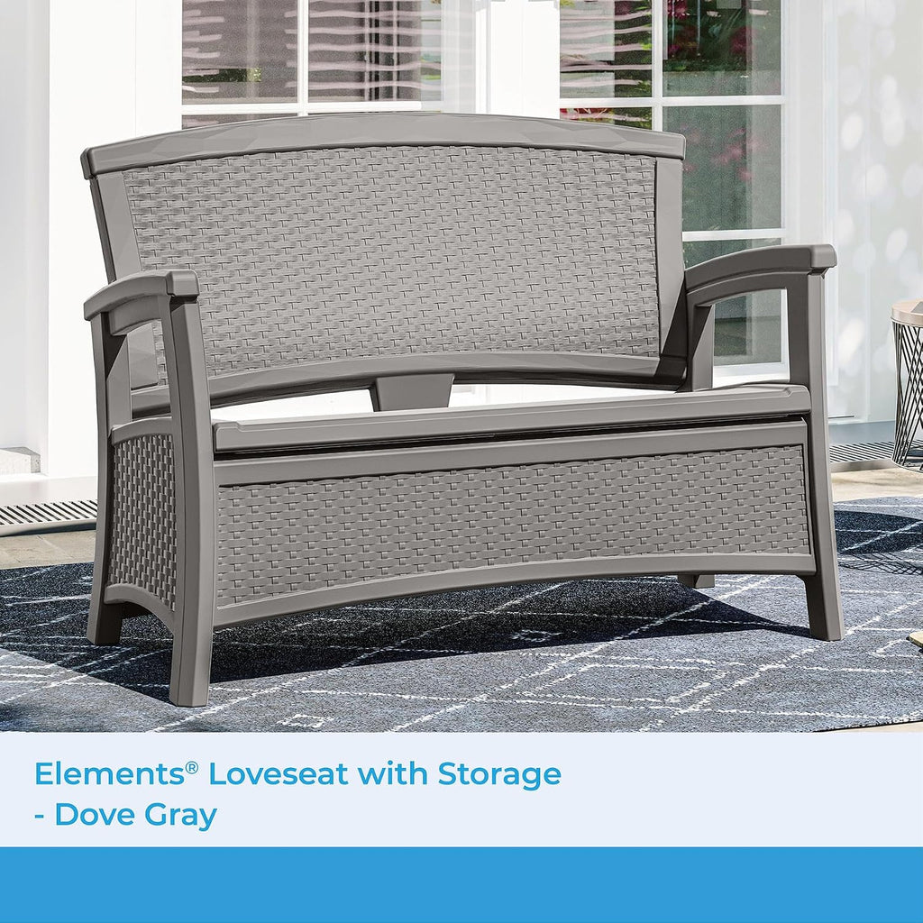 Suncast Outdoor Wicker Love Seat with 23-Gallon Storage, Comfortable Seating for Two, Ergonomic Back Support, All-Weather Furniture for Patio, Deck, and Garden, Gray, Made in The USA