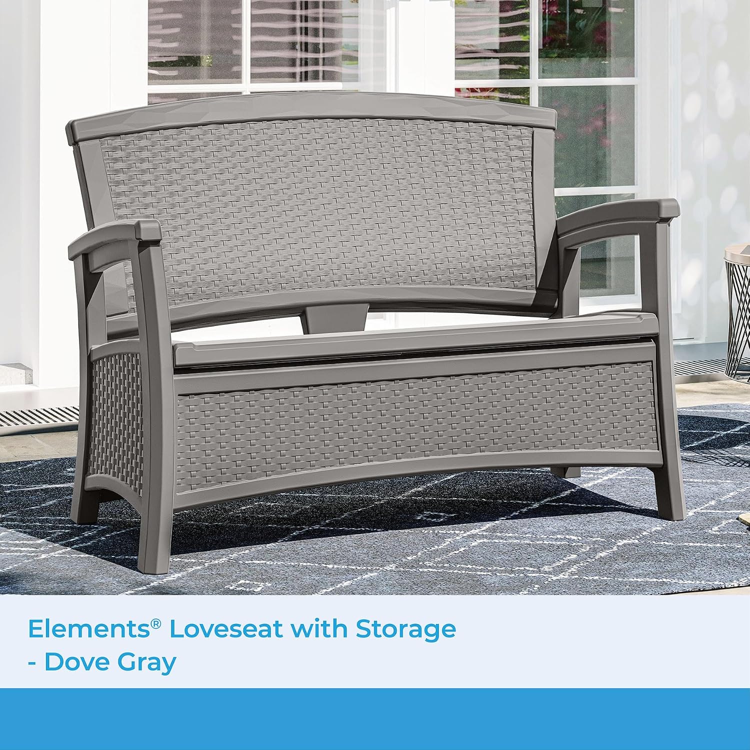 Suncast Outdoor Wicker Love Seat with 23-Gallon Storage, Comfortable Seating for Two, Ergonomic Back Support, All-Weather Furniture for Patio, Deck, and Garden, Gray, Made in The USA