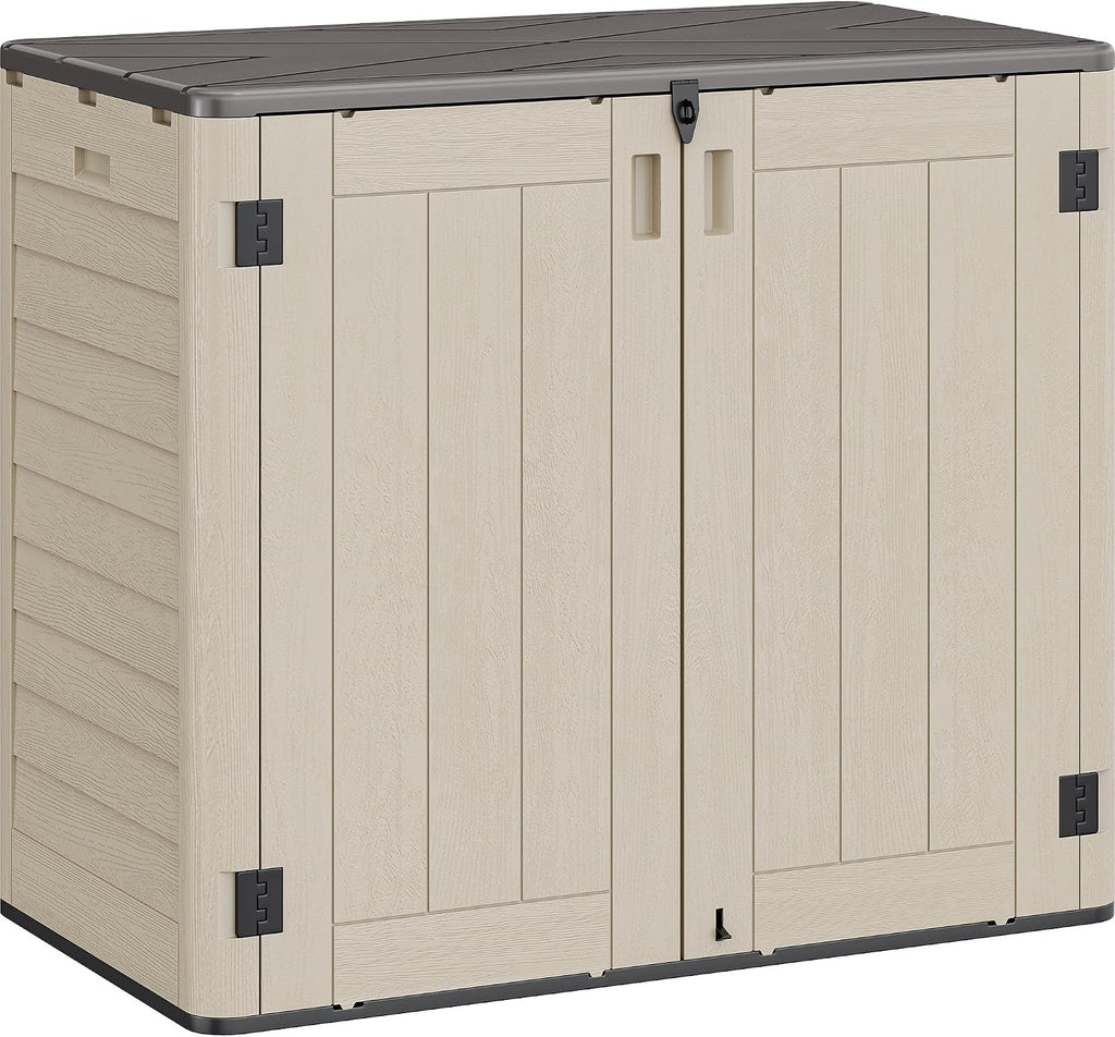YITAHOME 30 cuft Outdoor Storage Shed w/o Shelf, Horizontal Storage Cabinet for Garden Tool, Waterproof Storage Shed Plastic for Garage, Resin Pool Storage, Easy to Assemble, Khaki & Brown