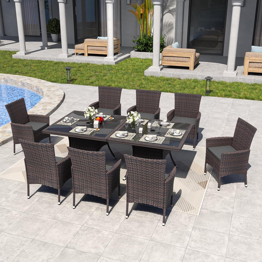 ALAULM 10 Piece Patio Dining Set All-Weather Wicker Outdoor Patio Furniture Set w/Tempered Glass Tabletop, Removable Cushions and Umbrella Hole for Patio, Backyard, Garden, Poolside (Grey)
